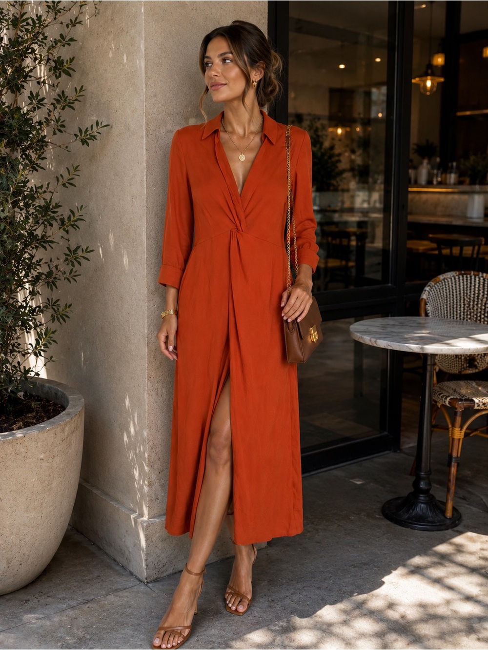 NWT Topshop ($120) Burnt Orange Twist Front Minimalist Feminine Midi Dress Sz 8